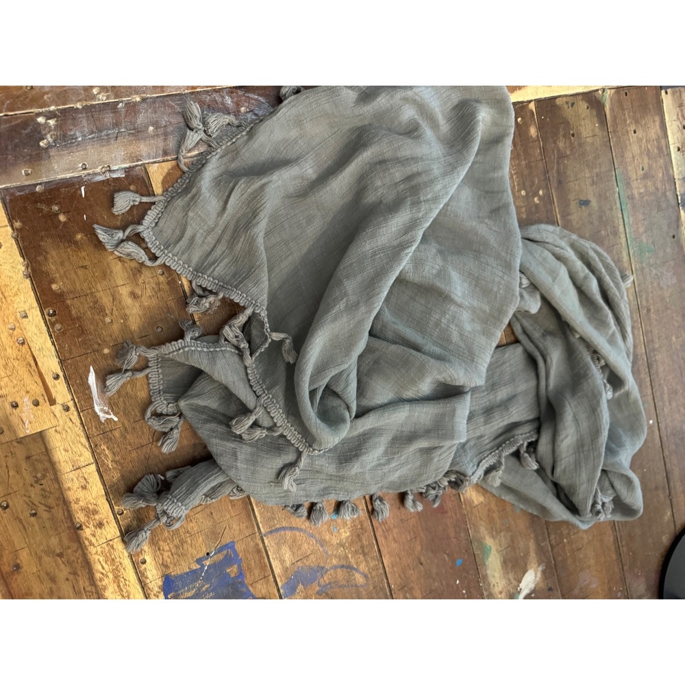 Grey Tassel Trim Gauze Scarf Lightweight Crinkle Boho Wrap Accessory